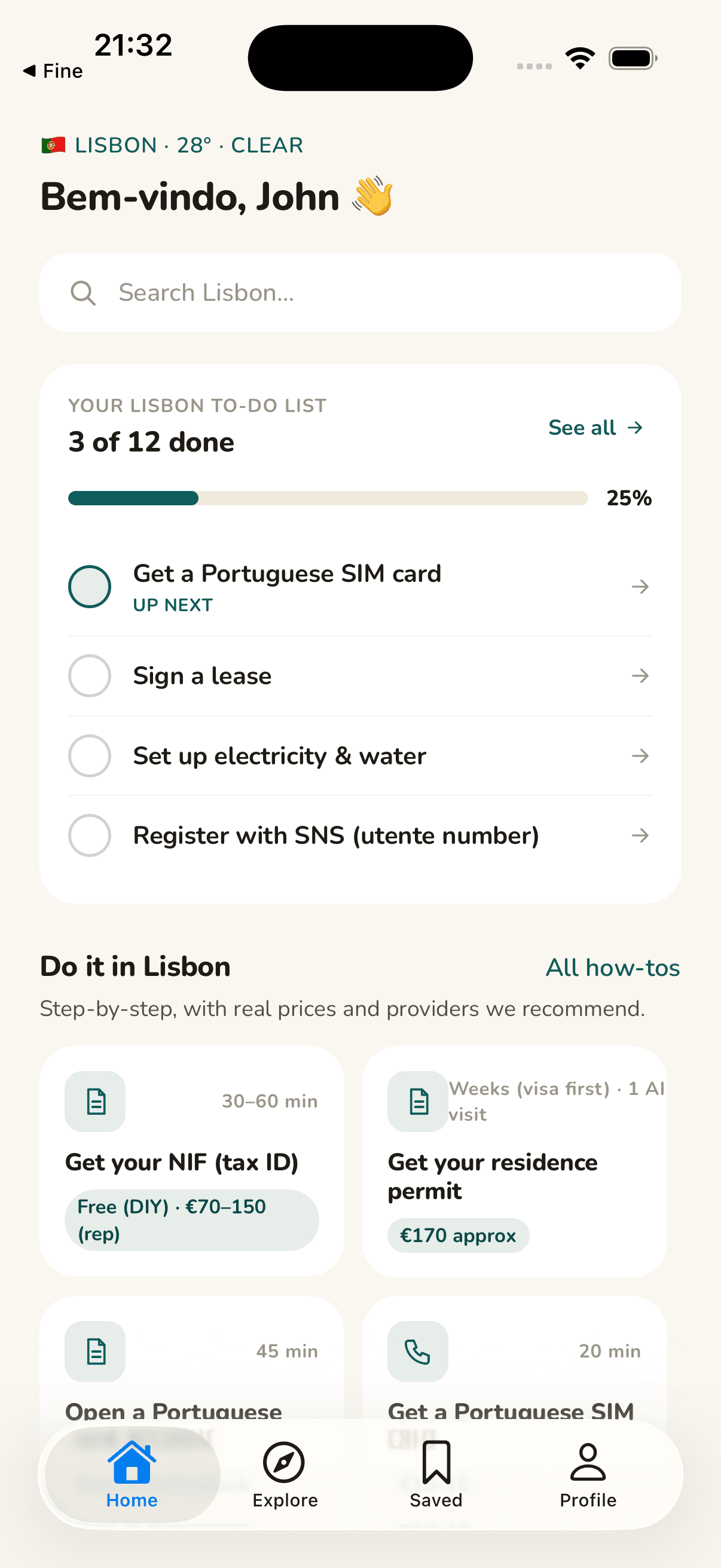 Settli app showing the Lisbon home screen with to-do list and how-to guides